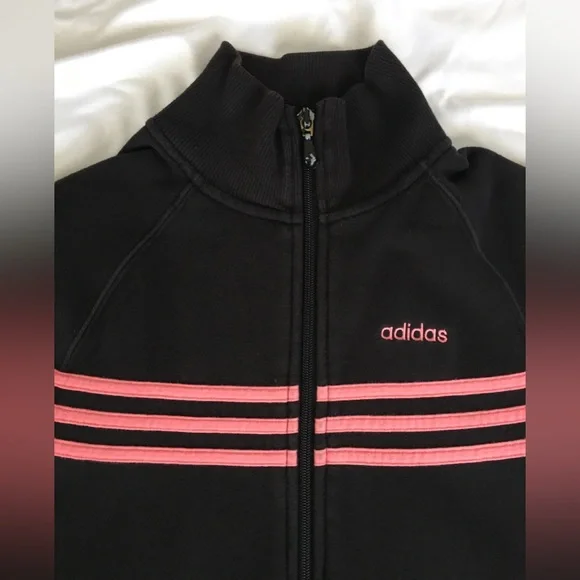 90’s EUC Adidas black zip up sweatshirt like jacket with pink stripes/accents. - Picture 3 of 10